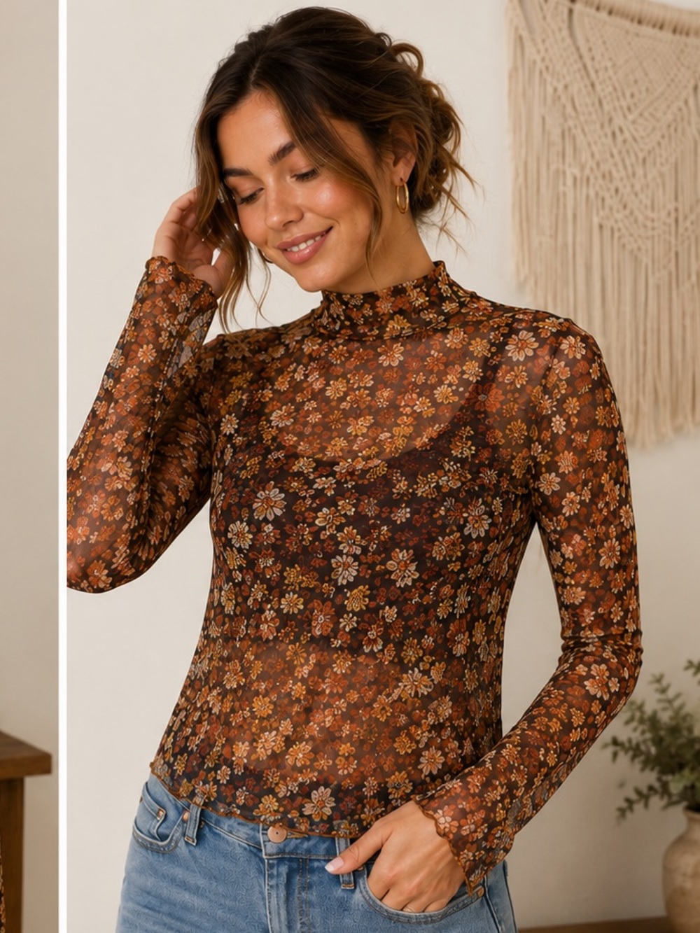 Altar'd State Brown Floral Mesh Mock Neck Top